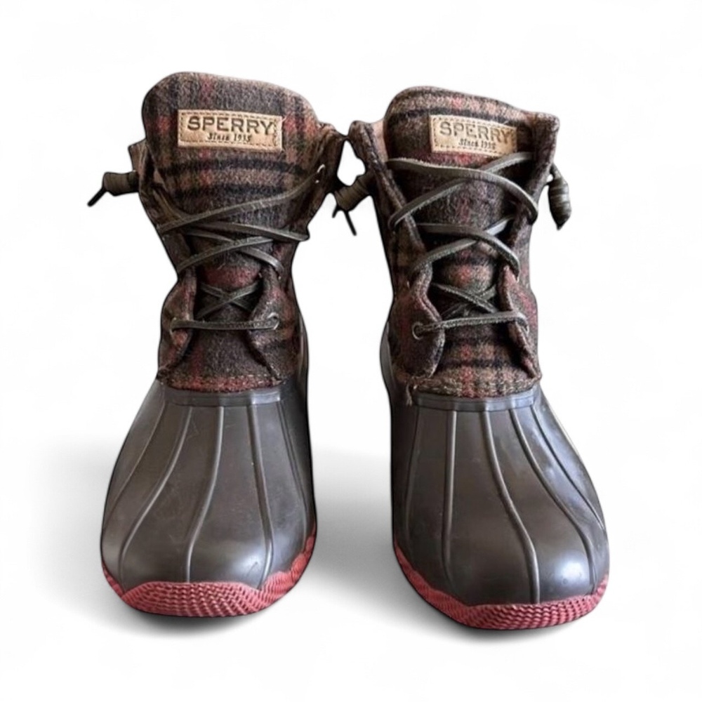 Sperry Womens Saltwater Brown Plaid‎ Duck Boot Waterproof Outdoor Size 9 - Picture 3 of 9